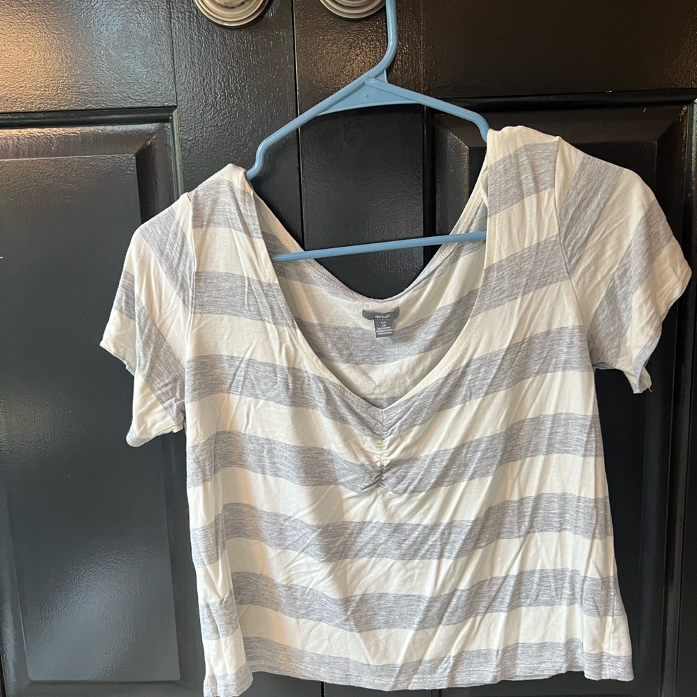 Aerie Gray and White Striped Short Sleeve Top